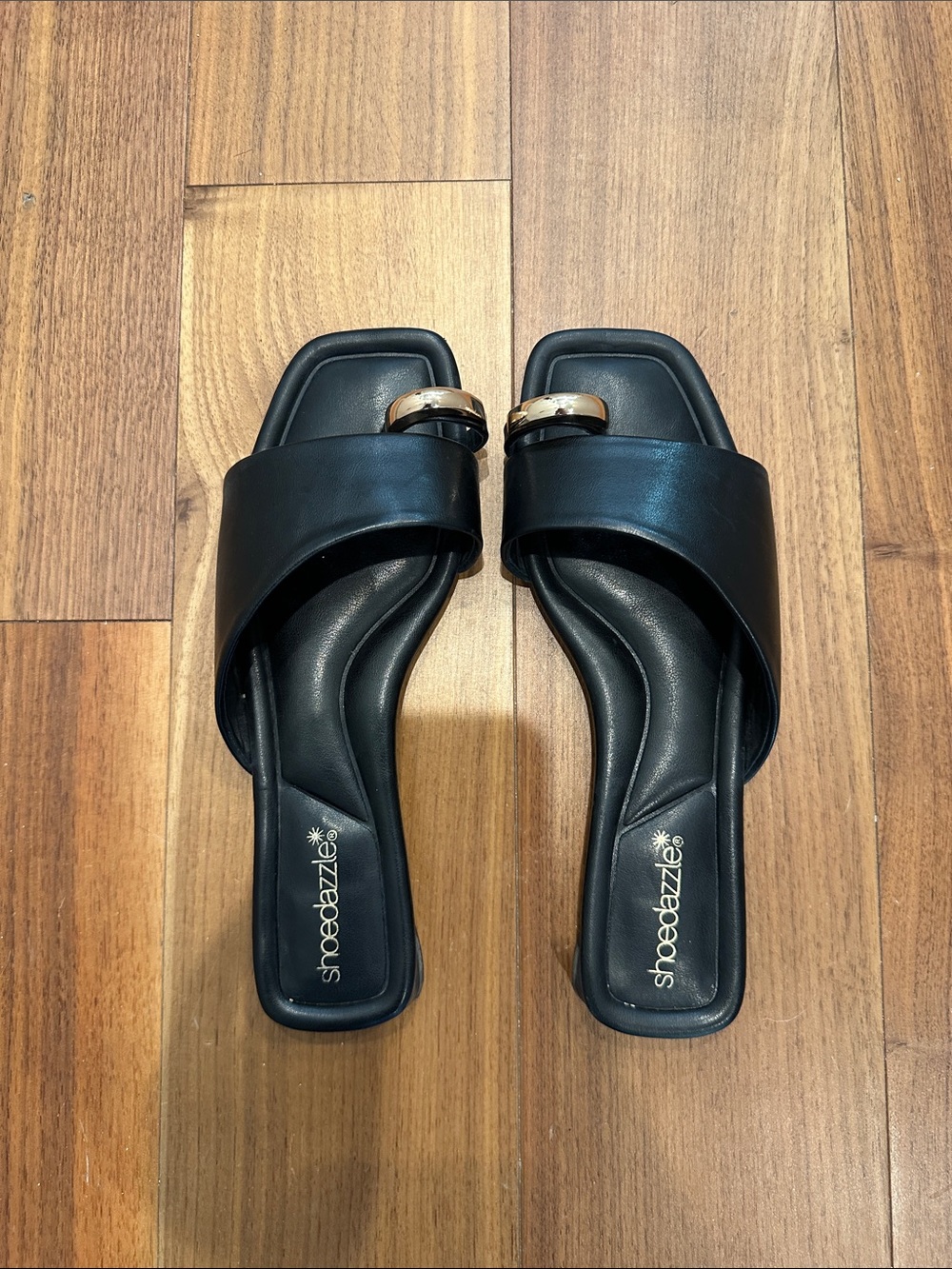 Shoe Dazzle Black Slide Mules with Gold Ring Accent
